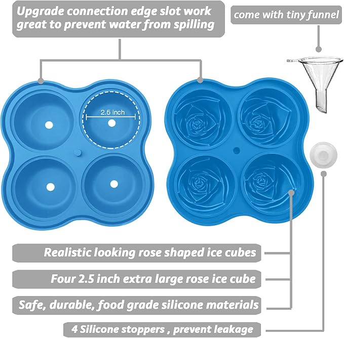 CAMKYDE Rose Ice Cube Tray 2.5 Inch [1 Mold + 1 Funnel + 4 Stoppers], 4 Cavity Silicone Rose Ice Cube Mold for Whiskey, Chilling Cocktails, Bourbon, Juice (Blue)