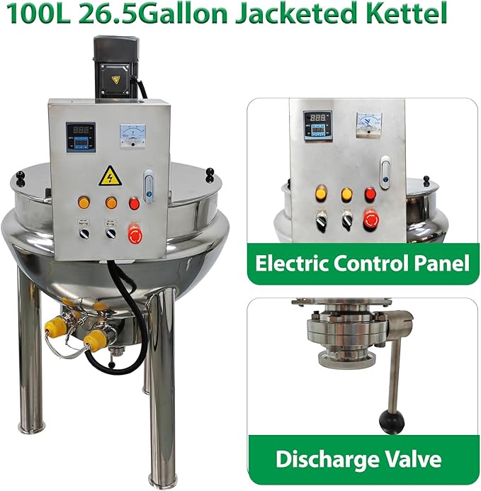 Electric Pot Stirrer Heavy Duty Stainless Steel Heating Mixing Machine 100L 26.5Gallon Automatic Sauce Stirrer Mixer Commercial Stirring Jacketed Kettle, 220V, 1.1KW