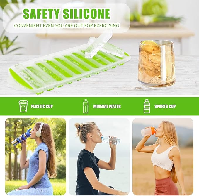 Long Ice Stick Tray Silicone with Lid,Water Bottle Ice Cube Tray with Easy Push and Pop Out Material, Ideal for Sports and Water Bottles (Green + Yellow)