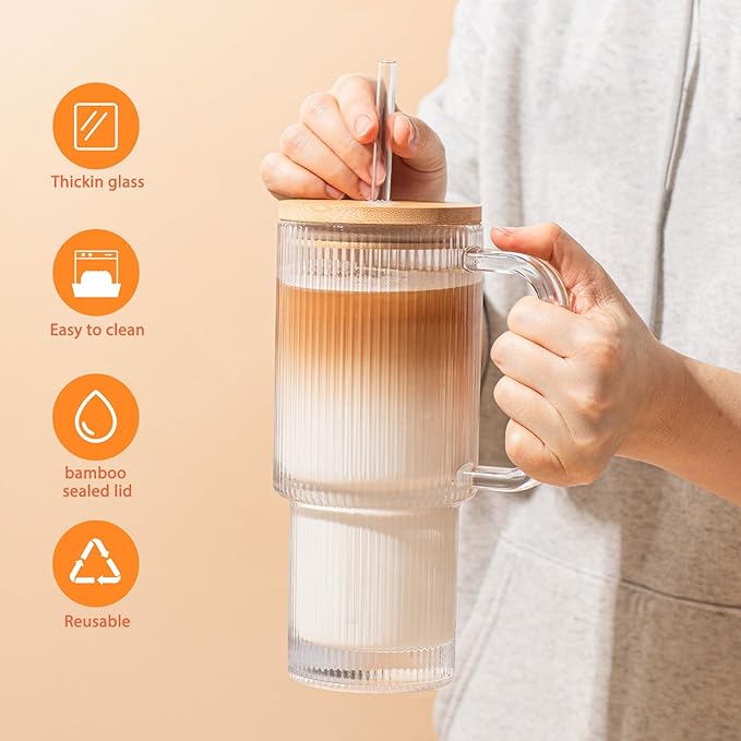 SoulTimes 24oz Ribbed Glass Tumbler with Handle and Bamboo Lid, Set of 2 Glass Cups with Lids and Straws for Coffee, Tea, Juice and Smoothies, Reusable Iced Coffee Cups Includes 2 Sealed Plastic Lids