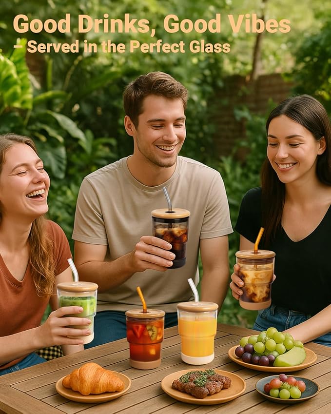 Zukro 13 oz/400ml Glass Cups with Bamboo Lid and Straw, Thick Wall Reusable Glass Tumbler for Iced Coffee, Tea, Matcha, Water Glasses for Home, Office, Non-Slip & BPA Free, Amber 4 Pack