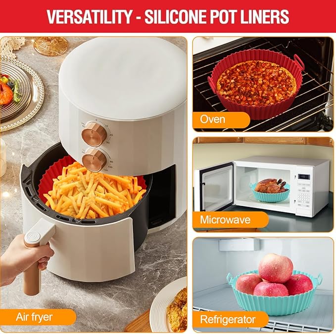 2 Pack Air Fryer Silicone Liners Pot for 3 to 5 QT, BPA-Free, Food Grade Airfryer Basket Bowl, Replacement of Flammable Parchment Paper, Reusable Baking Tray Oven Accessories(Top 8in, Bottom 6.75in)…