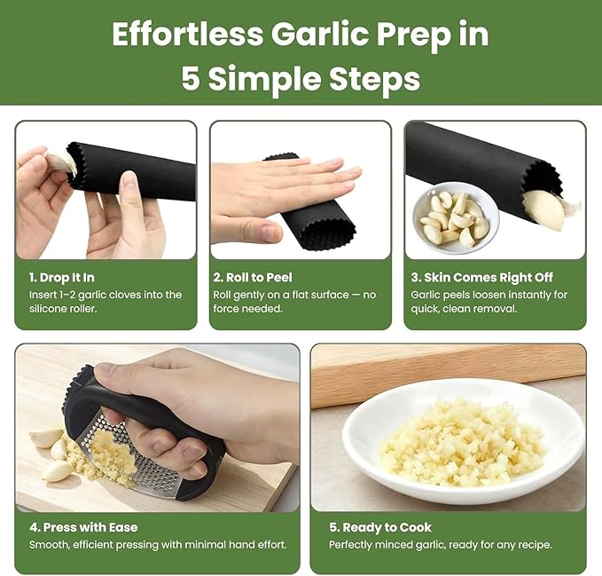 Garlic Press Rocker 304 Stainless Steel Garlic Mincer Crusher Easy to Clean Dishwasher Safe Textured End for Light Tenderizing, with Silicone Peeler and Cleaning Brush (Green)