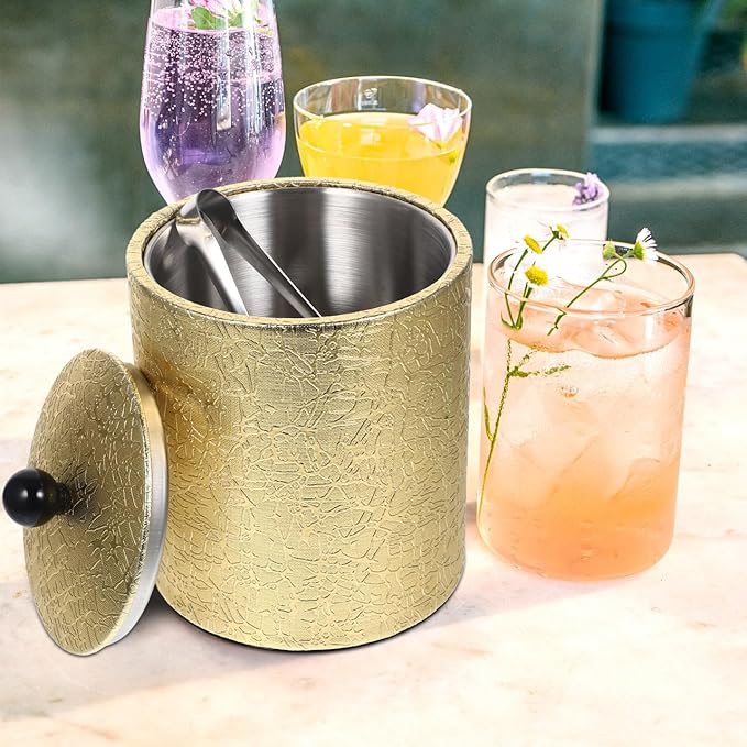DOITOOL Double Wall Stainless Steel Insulated Ice Bucket with Lid and Ice Tongs for Home Bar Chilling Beer Champagne and Wine Golden