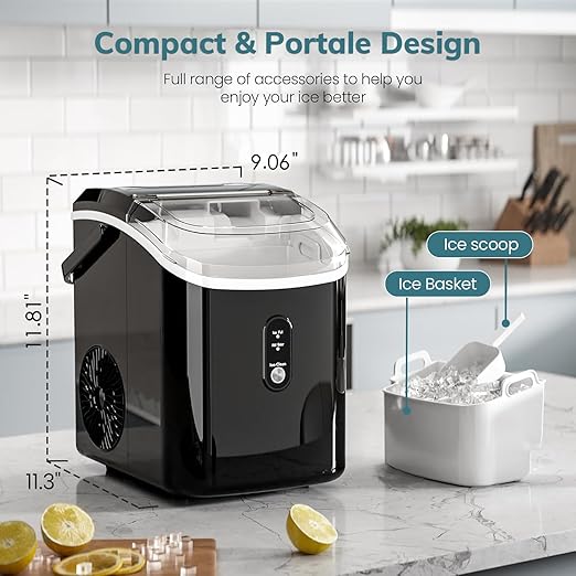 Antarctic Star Nugget Ice Maker Countertop, Chewable Pellet Ice Machine with Self Cleaning Function, Pebble Portable Ice Maker with Ice Scoop for Home Kitchen Office (Black)