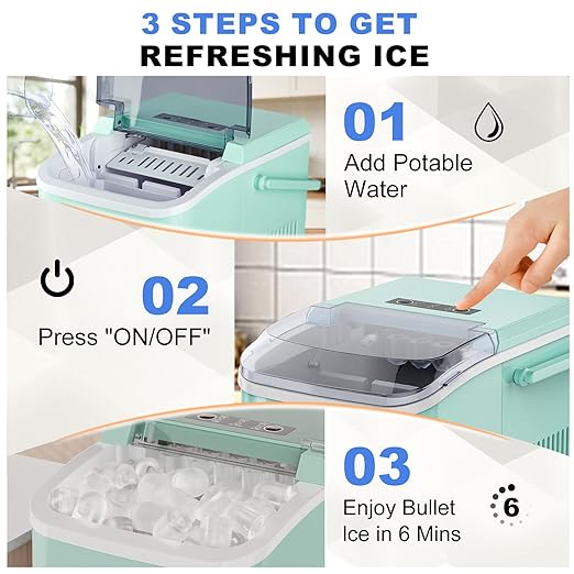 NEWBULIG Ice Makers Countertop with Handle, Portable Ice Machine, 9 Bullet Ice Cubes in 6 Mins, 26lbs in 24Hrs, Auto-Cleaning, with Basket and Scoop, for Home, Kitchen, RV, Camping, Green