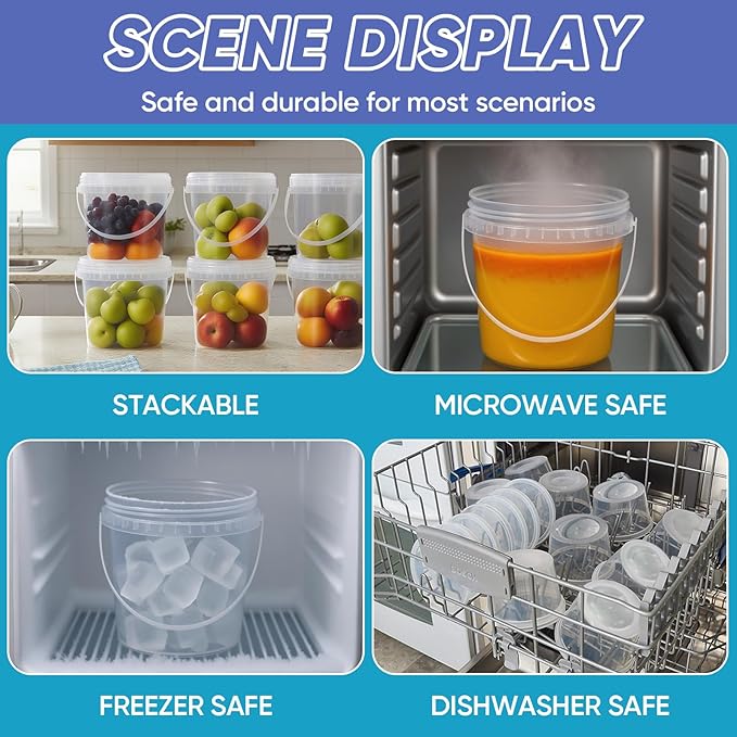 4Pack 34oz Clear Bucket with Lids - Plastic Food Storage Containers, Airtight Screw-On Lids - Freezer Safe Ice Cream Bucekts, Food Grade Reusable Containers for Kitchen