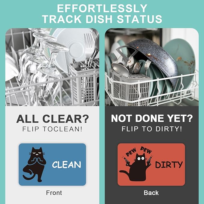 Funny Black Cat Clean Dirty Dishwasher Magnet - Cute Refrigerator Kitchen Magnet, Non-Scratch Strong Double Sided Washing Machine Sign, Housewarming Gifts for Cat Lovers, Home Apartment Essentials (Blue&Red)