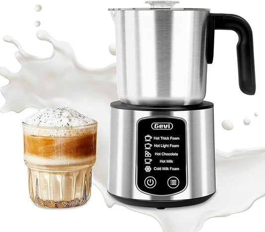 Gevi Milk Frother,5 in 1 Stainless Steel Professional Milk Steamer，Easy to Clean Hot Chocolate Maker,for Hot and Cold Milk Frother for Latte,Macchiato,Cappuccino and Hot Chocolate