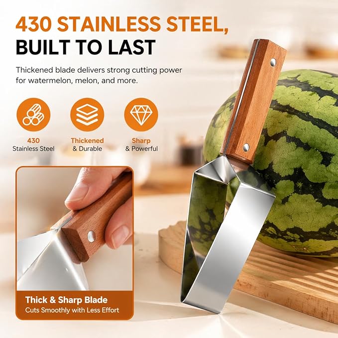 Triangle Watermelon Cutter, Watermelon Slicer Cutter Tool, 430 Stainless Steel with Woodenhandle - Melon Slicer, Fruitcutter for Kitchen Gadgets for Watermelon Melon Apple (2PCS)
