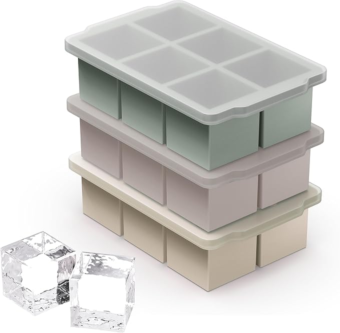 VLM 3 Packs Large Ice Cube Molds with Stackable Lid,Silicone Ice Cube Tray for Freezer,Big Square Ice Tray for Whiskey,Cocktails,Bourbon and Soups (Set 2)