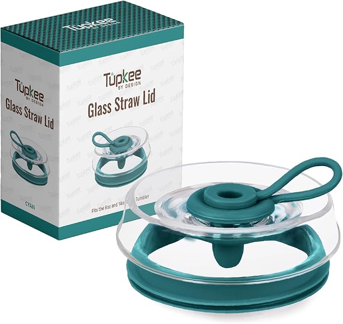 Tupkee Double Wall Glass Tumbler Straw Lid - For Hand Blown Glass Travel Mug, 14-Ounce & 8-Ounce, Cyan
