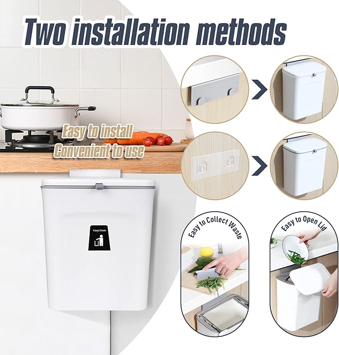 Domiella 2.4 Gallon Hanging Trash Can with Lid, Kitchen Compost Bin for Countertop or Under Sink, Mountable Food Waste Bin with Sealed Lid for Cabinet, Cupboard, Bathroom, or RV (White)