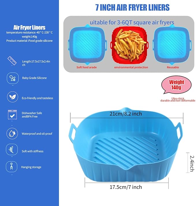 Square Silicone Air Fryer Liners 2 Pack, Heavyweight and thickened 7 Inch Air Fryer Liners,Reusable Silicone Basket, Air Fryer Accessories(Black&Blue)