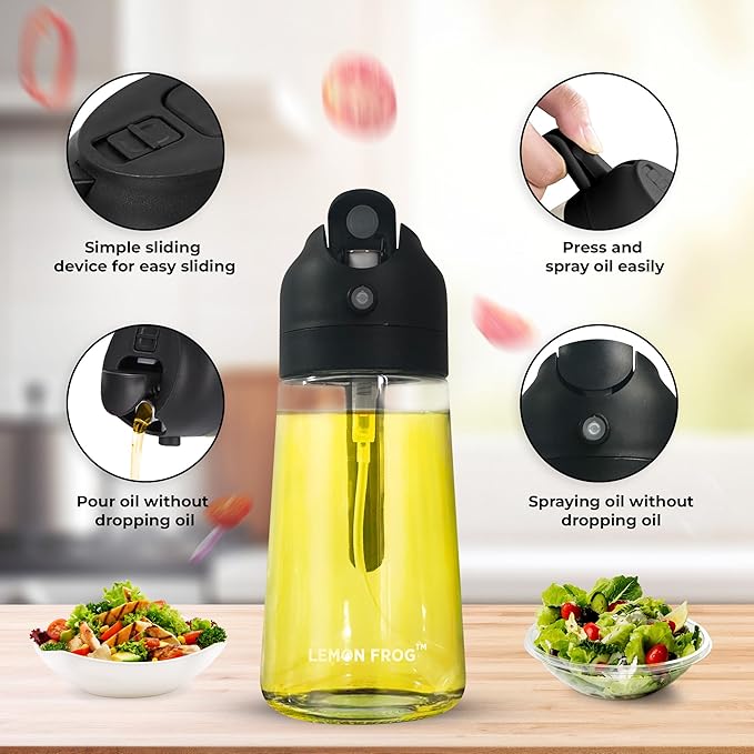 Oil Dispenser/Sprayer Glass Bottle for Kitchen- 2 in 1 Premium Design, 470mL/16oz for Day to Day Cooking, Barbecue, Air Fryer, Salad Prep- Leak Proof & Clean Operation.