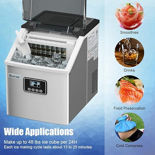 COSTWAY Ice Maker Countertop, 48LBS/24H Automatic Ice Stainless Steel Machine with Self-Cleaning Function, Easy-to-Control LCD Display, Timer Function, See-Through Window with Ice Scoop and Basket