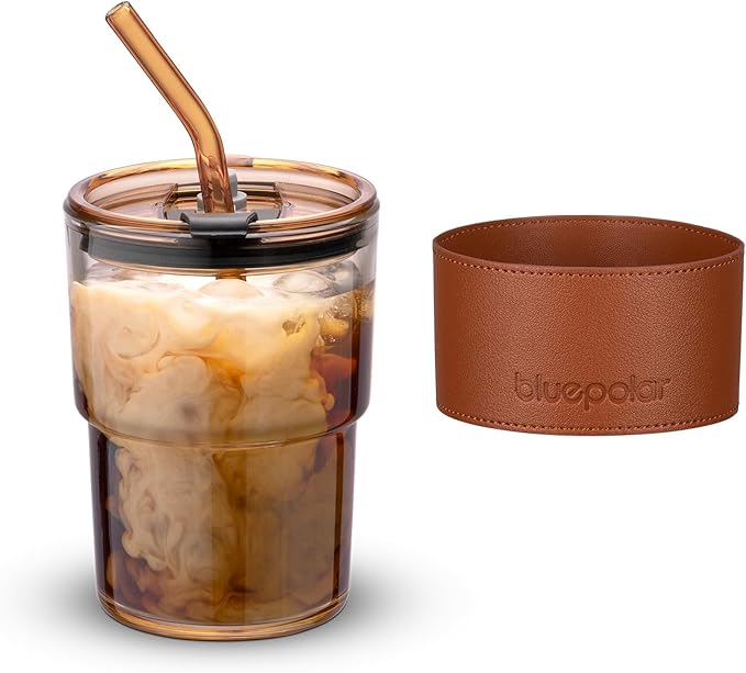 BLUEPOLAR 13oz/400ml Tumbler Water Glass, Cups with Straw and Lid Sealed Carry on for Coffee, Iced Tea, Thick Wall Insulated Glass Cup (Amberwith Protect Sleeve)