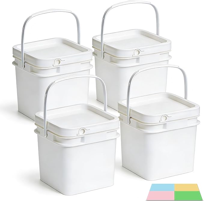 Bucket with Lid - 4 Packs Square Clear Plastic Storage Containers, Food Safe with Handle, Airtight Pressure Lids for Kitchen & Home (White, 34 oz)