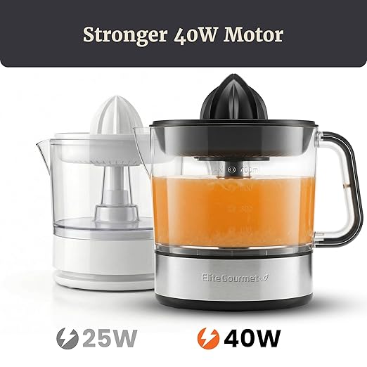 Elite Gourmet BPA-Free 40-Watt Electric Citrus Juicer, Compact, Large Volume, Pulp Control, Oranges, Lemons, Limes, Grapefruits with Easy Pour Spout, 24oz, Black/Stainless Steel