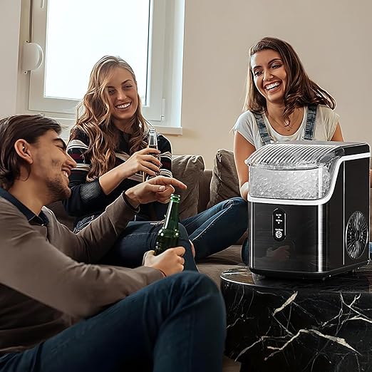 Antarctic Star Nugget Ice Makers Countertop, Portable Ice Machine with Ice Scoop & Basket, 34Lbs/24H, Self-Cleaning, One Click Operation for Office/Home/Bar (Stainless Steel Black)