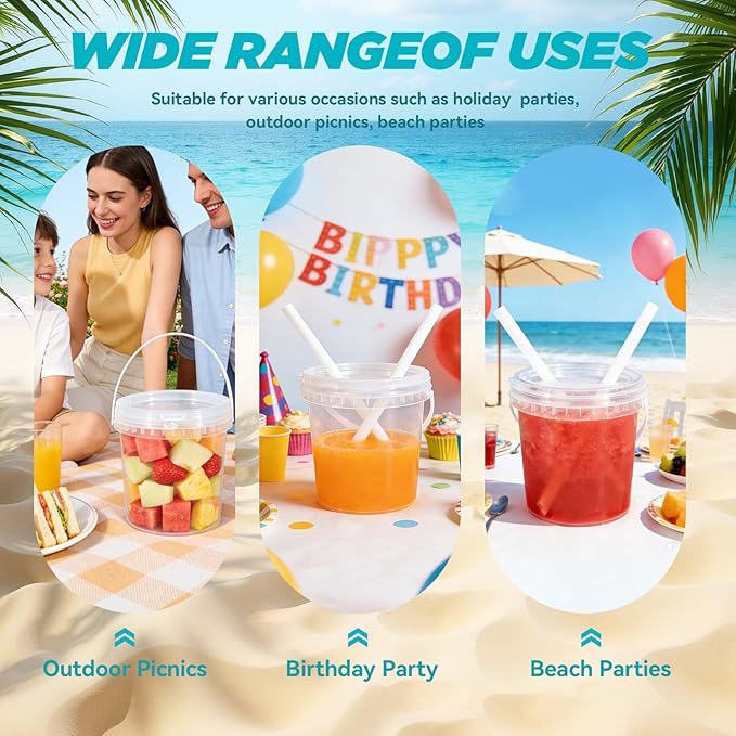 Clear Plastic Cups with Lid and Straw, Reusable Drink Bucket with Handle for Iced Coffee, Smoothie, Ice Cream - Sturdy Food Safe Party Cups for Pool, Beach, Birthday Parties (8Pack, 38 oz)