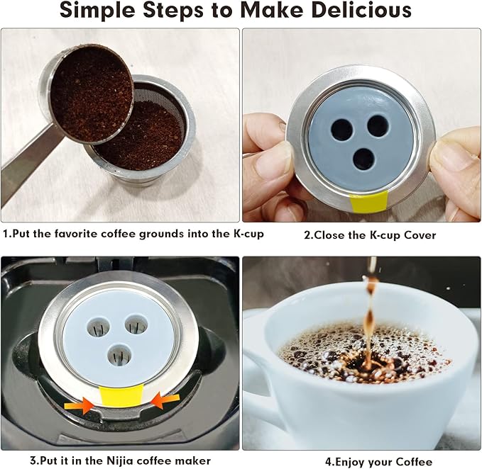 Reusable K Cups Compatible with Ninja Coffee Maker,Stainless Steel 4 Pack Reusable Coffee Pods,Permanent K Cups Coffee Filters Fit for Ninja CFP201 CFP 300 CFP305 CFP400 (4Pack)