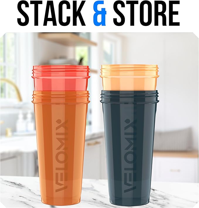 VELOMIX -4 PACK- 28 oz Protein Shaker Bottle for Protein Mixes - 4x Wire Whisk | Leak Proof Shaker Cups for Protein Shakes | Protein Shaker Bottle Pack | Protein Shake Cup (Amber Drift)