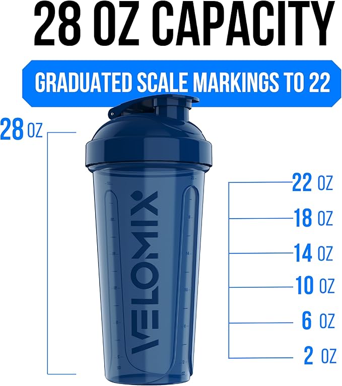 VELOMIX -6 PACK- 28 oz Protein Shaker Bottle for Protein Mixes -6x Wire Whisk | Leak Proof Shaker Cups for Protein Shakes | Large, Stackable Protein Shaker Bottle Pack
