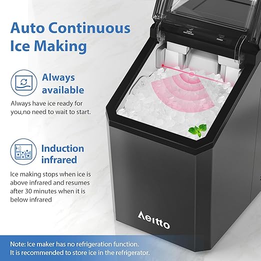 Aeitto Nugget Ice Maker Countertop, 55lbs/24H Ice Machine with 3.6L Water Tank&3.2Lbs Ice Basket, Self-Cleaning Pebble Ice Maker with Stainless Steel Housing for Home Office and Party, Black