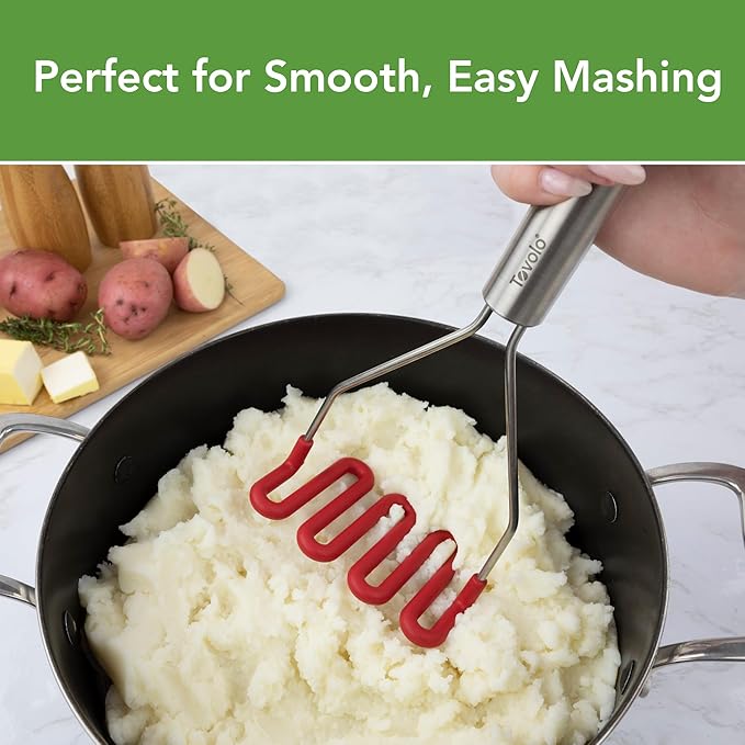 Tovolo Silicone Potato Masher Stainless Steel Handle Cayenne Red Dishwasher Safe Heat Resistant Non Scratch Handheld Coil Wire Potato Smasher for Nonstick Pans Ergonomic Kitchen Food Prep Tool