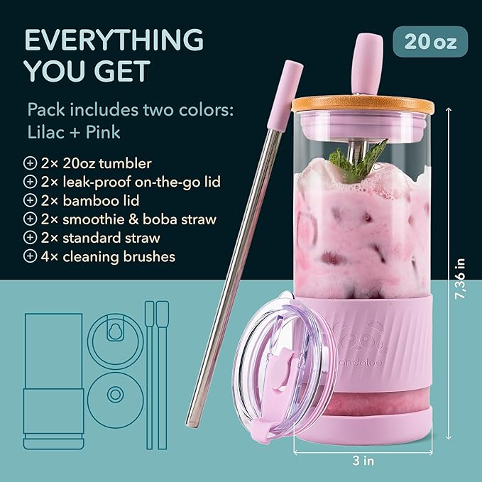 Pandaloo® Glass Cups With Lids and Straws -20 Fl Oz- Perfect Size Iced Coffee Cup - Smoothie Cup With Bamboo Lid and On the go Lid - Glass Tumbler (2 Count (Pack of 1), Lilac-Pink)