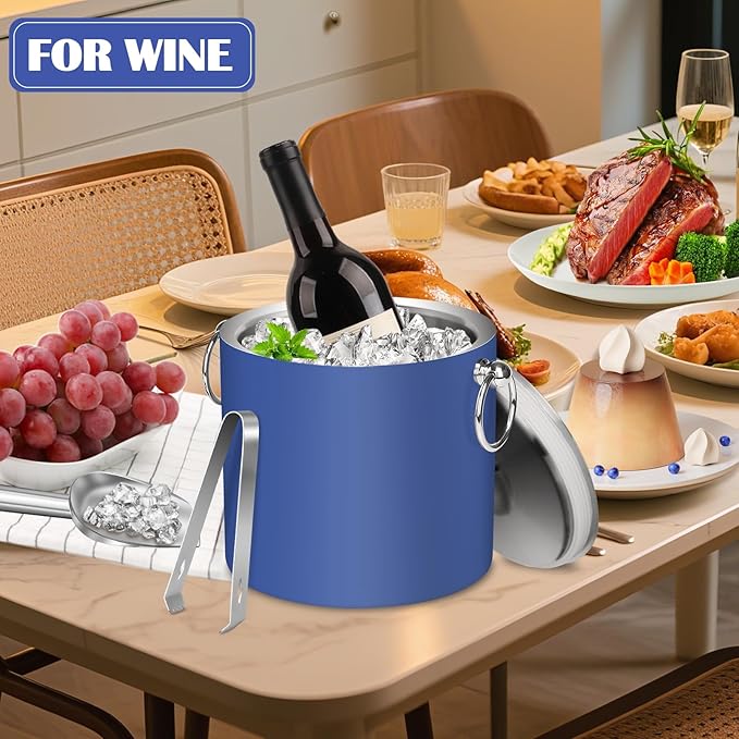 Ice Bucket with Lid & Tong- Well Made Insulated Stainless Steel Keep Ice Frozen Longer - Ideal for Cocktail Bar, Parties, Chilling Wine, Champagne - 3 Liter (Blue)