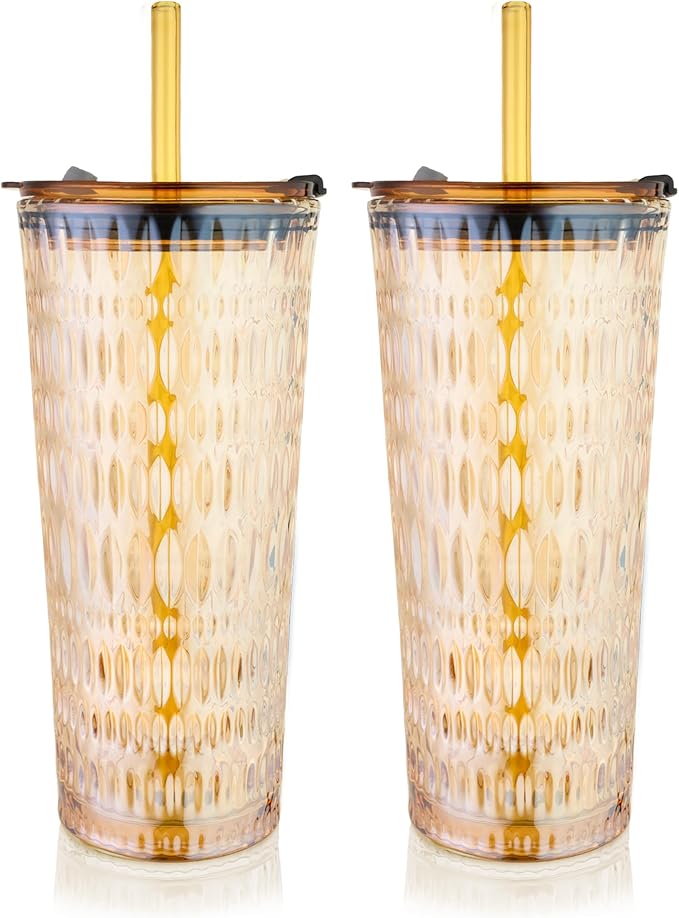 Puraville 2 Pack 18oz Glass Cups with Lids and Straws, Vintage Diamond Pattern Thickened Glassware for Whiskey Cocktail Beer, Mason Jar Drinking Glasses Tumbler Iced Coffee Cup, Amber