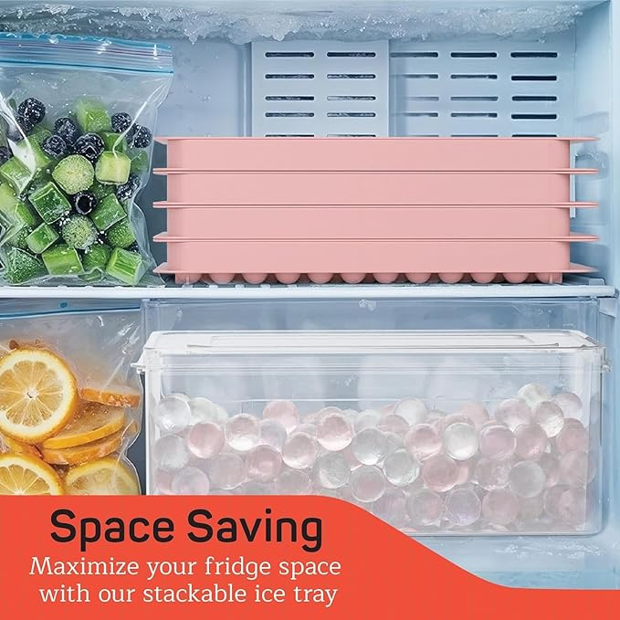 Round Ice Cube Tray Set Pack of 4, BPA-Free Stackable Trays with Lid & Tongs, 104 Ice Balls Per Tray for Whiskey, Drinks, and Cocktails, Quick Release Round Ice Cube Mold, Pink