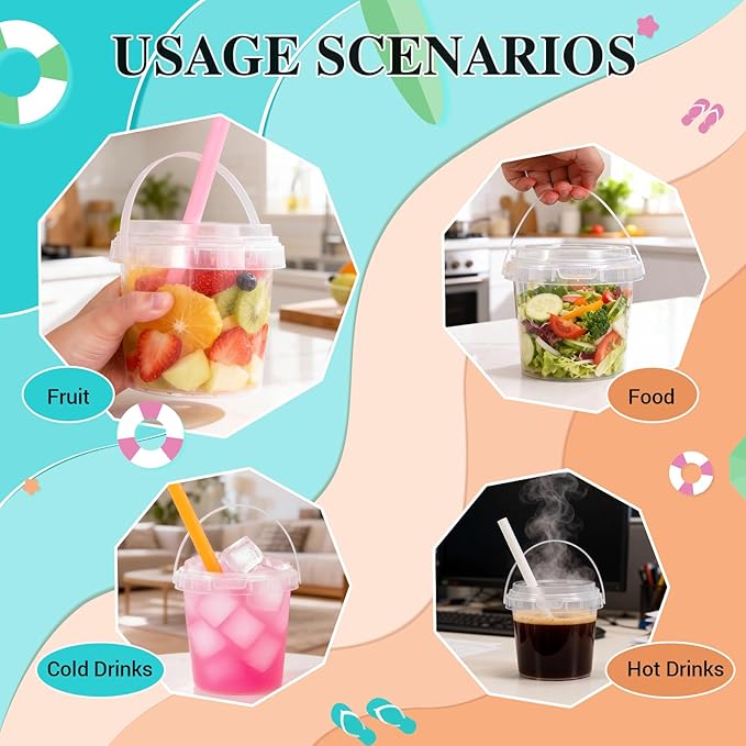 ASEVAT 10 Pack 34oz Clear Plastic Drink Buckets with Dual-Lid System, Reusable 1L Cups with Lids and Straws, Leakproof Bucket Cups for Boba Bubble Tea, Smoothies, Iced Coffee