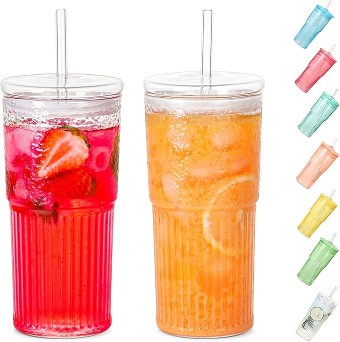 QWEZXO Glass Cups With Lids and Glass Straws，20 OZ High Borosilicate Glass Tumbler Iced Coffee Water Smoothie…