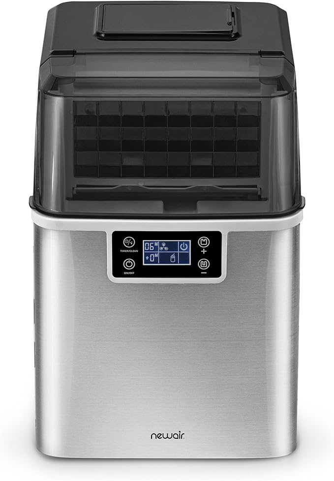 Newair Countertop Clear Ice Maker, 45lbs/Day Ice Cube Machine, Self-Cleaning Function and Custom Ice Thickness, Portable Ice Maker, 24H Timer, Ideal for Home Office and Outdoor Bar, Stainless Steel