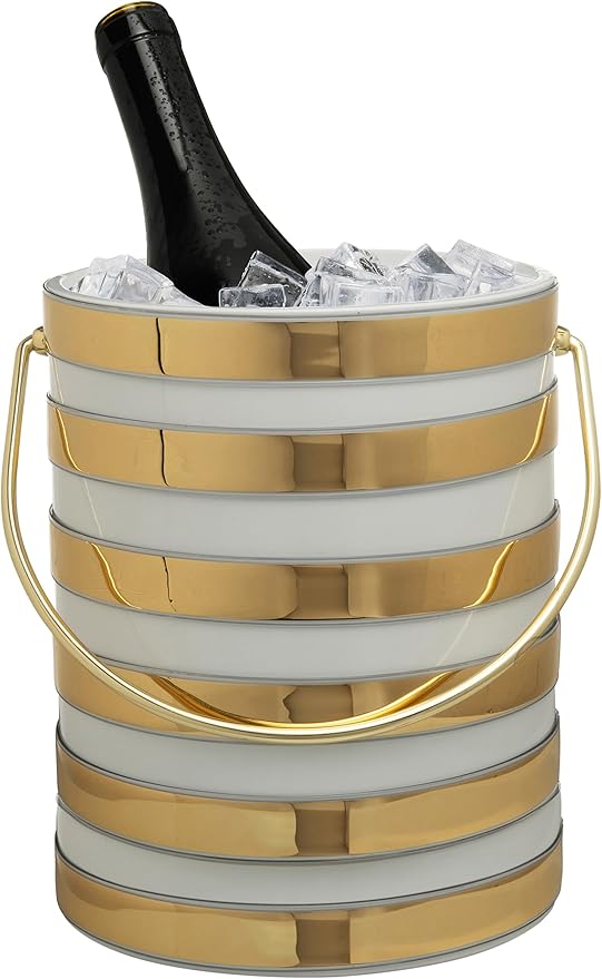 Made In USA Metallic Deco Collection Double Walled Insulated Ice Bucket With Ice Tongs (5-Quart, White & Gold Stripes)