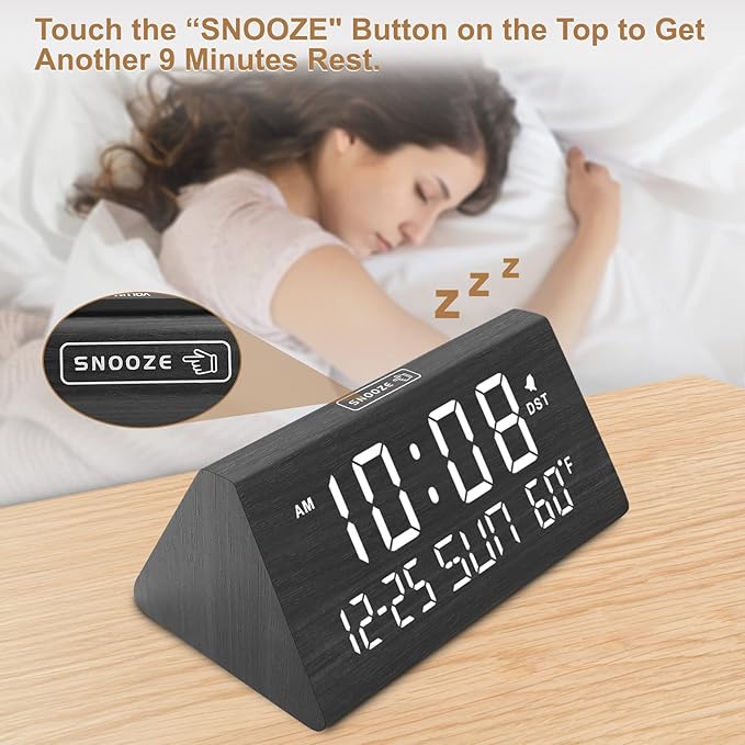 DreamSky Digital Alarm Clocks for Bedrooms - Wooden Desk Clock with Date, Day of Week, USB Port, Temperature, Dimmer for Bedside Table, Living Room, Office, Adjustable Volume, Auto DST, Wood Decor