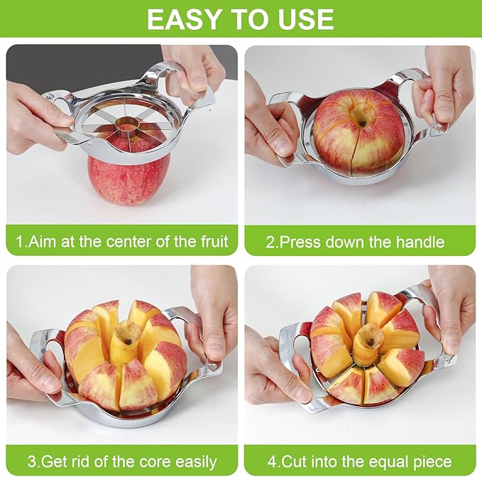Large 8 Slices Apple Slicer and Corer Sharp Heavy Duty Stainless Steel Apple Cutter Easy to Use Apple Corer Tool for Oranges and Pears, Silver, OB-1026B