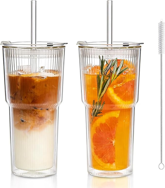 KEMORELA 2PCS 20oz Double Wall Ribbed Glass Cups with Lids and Straws, Insulated Borosilicate Glass Tumblers, Heat-Resistant, leak-proof Design for Iced Coffee, Tea, Juice, Reusable for Home & Parties