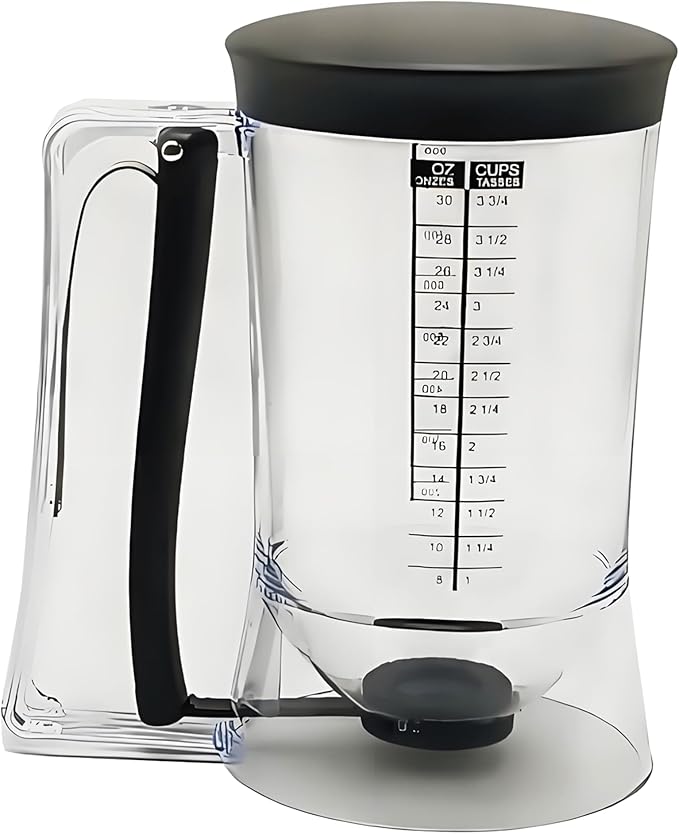Pancake Batter Dispenser with Measuring Label, 4 Cup Capacity, 900ml With Squeeze Handle Kitchen Dispenser Bottle for Pancakes, Waffles, Muffins (Black)