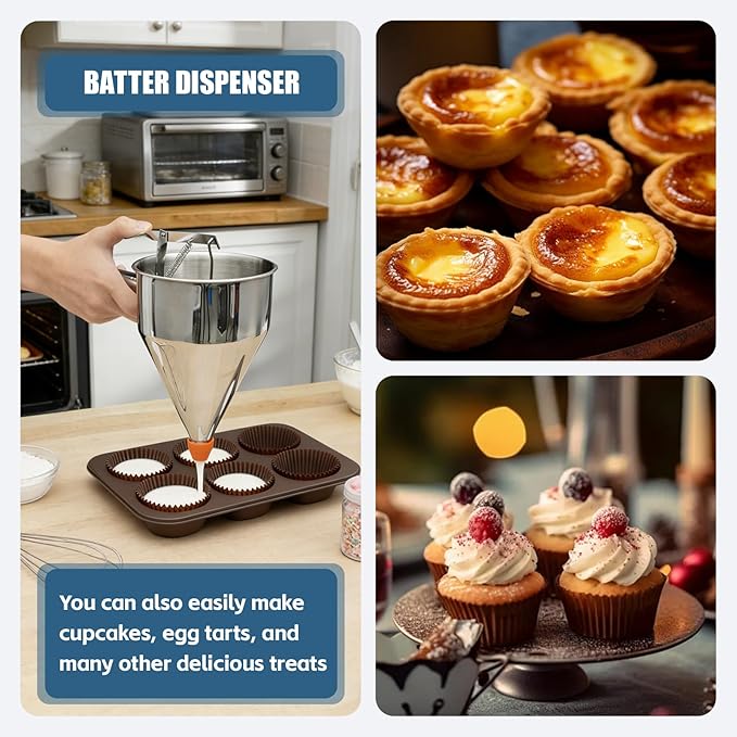 20 oz Pancake Batter Dispenser Stainless Steel Multi Caliber Nozzle with Squeeze Handle and Stand for Pancakes Cupcakes Funnel Cakes Waffles Baked Goods