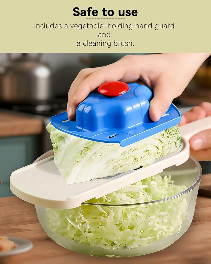Handheld Mandoline Slicer for Kitchen - Stainless Steel V-Blades with Food Holder & Cleaning Brush, Comfort Grip, Easy to Clean, Vegetable Chopper Cheese Grater for Potato Chips Cucumber Onion Salad