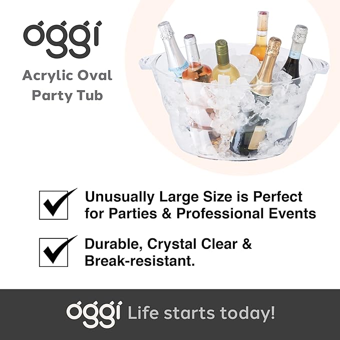 OGGI Acrylic Oval Party Tub - Clear Beverage Cooler w/Handles, Wine Cooler, Beer Chiller, Ideal Party Tubs for Drinks, Use Ice Tub for Indoor or Outdoor Bars, 18.5" x 11"