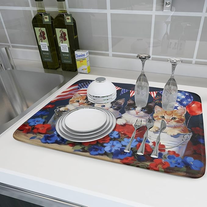 4th of July Drying Mat for Kitchen Counter 18 X 24 in Patriotic Printed Dish Drying Pad