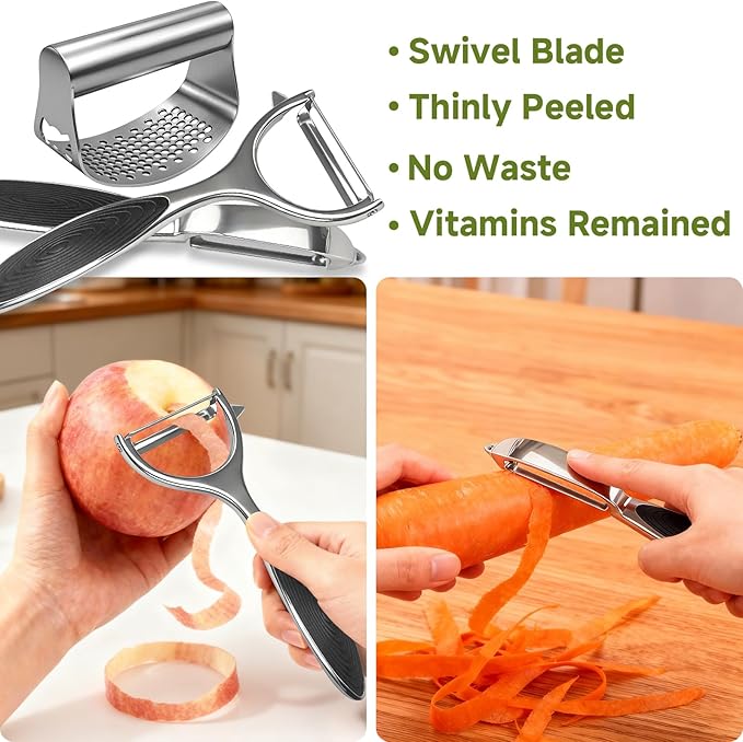 Built-in Bottle Opener Garlic Press Rocker Set Stainless Steel And All-in-One Kitchen Vegetable Peeler, Premium peelers For Kitchen - Ideal For Potato, Apple, Carrot, Fruit And More