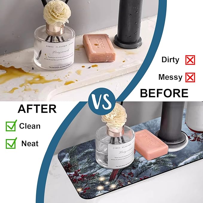 Winter Sink Splash Guard Faucet Mat Cardinal Christmas Super Absorbent Fast Drying Mat Sink Gadgets-Splash Guard Behind Faucet Drip Catcher for Kitchen Bathroom, 15.5"x5.5"