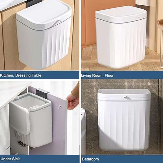 Good Looking Hanging Small Trash Can with Lid, Thick Kitchen Compost Bin for Counter Top or Under Sink, Wall Mounted Waste Basket Bin Garbage Can for Bathroom (Ivory White)