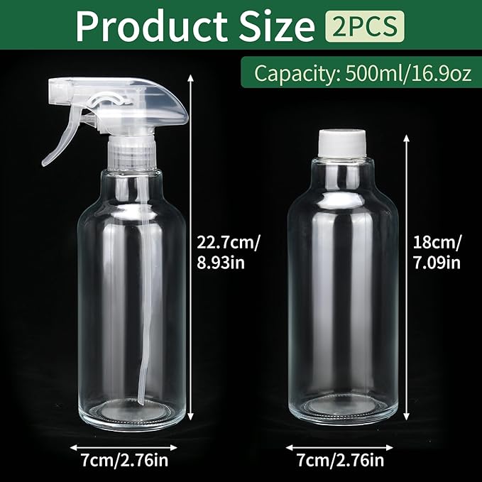 Cosywell Glass Spray Bottles 16.9oz/500ml 2 Pack Empty Spray Bottle for Cleaning Mist/Stream Heavy Duty Water Spraying Bottle for Cooking Solutions Essential Oils Hair Care(Clear)